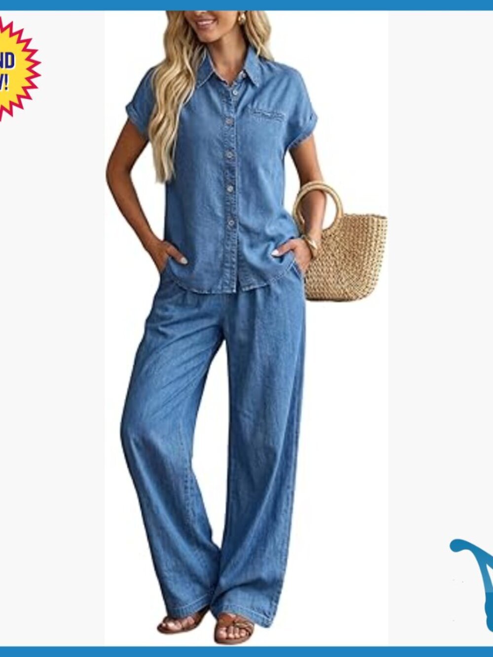 Summer Denim Pant Set with Button Down Shirt and Wide Leg Pants
